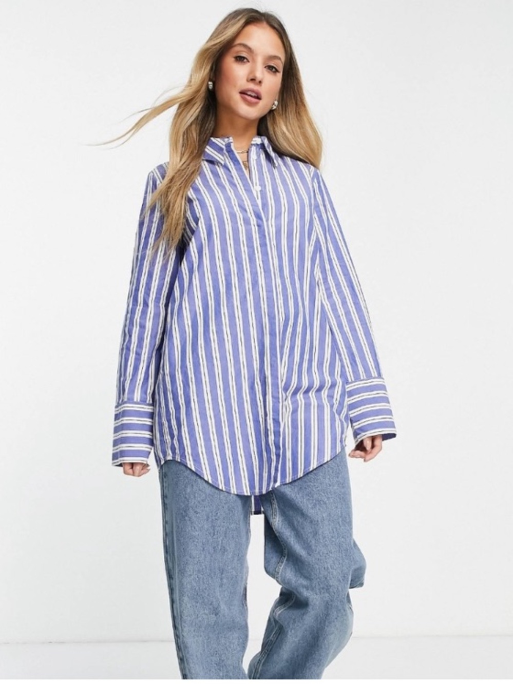 Monki Blue and White Vertical Stripe Button-Down Shirt